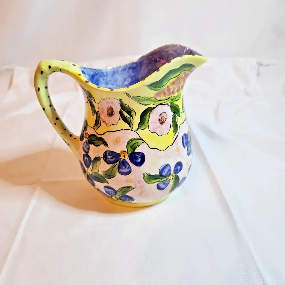 Hand Painted Floral Ceramic Pitcher Vase Signed Laura 97 Yellow Blue Pink